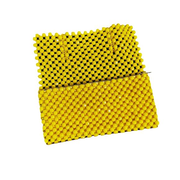 Yellow Hand Beaded Clutch Retro Inspired Faceted Bead Zip Pouch Evening Bag EUC - Picture 5 of 11